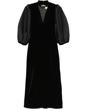 Nissa Puff Sleeves Velvet Midi Dress - Black