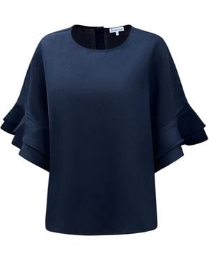 Perlavera Lolan Solid Linen Flare Sleeve Top - Blue