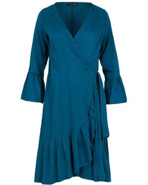 Conquista Petrol Wrap Dress Viscose With Bell Sleeves - Blue