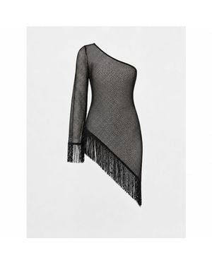 Women & Women Metallic One-Shoulder Mesh Cover-Up Dress With Fringe - Black