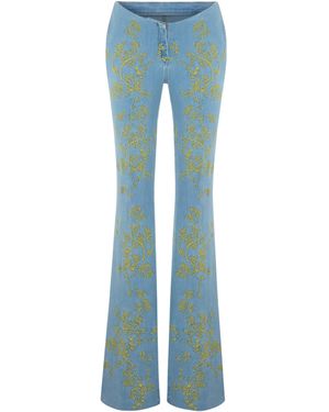 Maison sél Embroidered Flare Denim Trousers - Blue