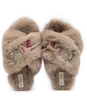 Rettrose Neutrals Valentina Luxury Plush Diamanté Embellished Handmade Slipper - Natural