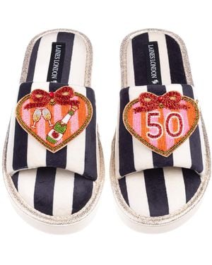 Laines London Flatform Stripe Open Toe Slippers With Stripe Heart 50Th Birthday Brooches - Red