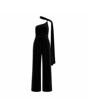 Yumi' Velvet One Shoulder Jumpsuit With Scarf - Black