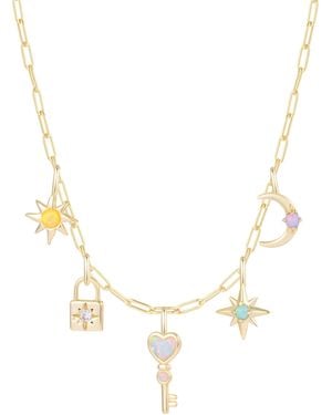 KAMARIA Lock & Key Celestial Charm Necklace With Opals On Paperclip Chain - Metallic