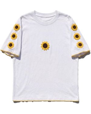Ana Chic Sunflower Trim Handmade Crochet Cotton Tee - White