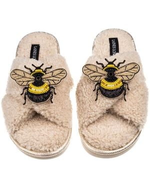 Laines London Neutrals Laines Neutral Boucle Slippers With Double Honeybee Brooches - Metallic