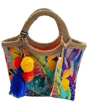 Springmoonatelier Colourful Jute Straw Beach Bag With Tassels - Blue