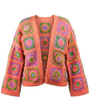 Ana Chic Coral Granny Square Handmade Crochet Cardigan - Red