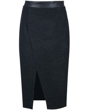 Conquista Wool Pencil Skirt With Faux Leather Waistband – Front Slit - Blue
