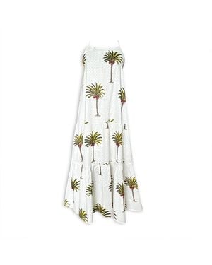 Pick Happy Neutrals Pintuck Maxi Cotton Dress Palm Tree Polka Dots Ivory - White