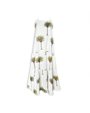 Pick Happy Neutrals Pintuck Maxi Cotton Dress Palm Tree Polka Dots Ivory - White
