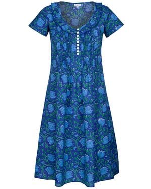 At Last Cotton Karen Short Sleeve Day Dress - Blue