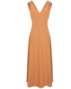 BLUZAT Neutrals Camel Midi Dress With V-Neckline And Knotted Straps - Brown