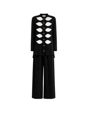 Julia Allert Lightweight Crinkled Blouse & Wide-Leg Trousers Co-Ord Set – - Black