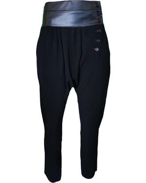 Lalipop Design Black Harem Trousers With Coloured Buttonholes & Vegan Leather Waistline - Blue