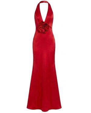 Mac Duggal Satin Sleeveless Halter Neck Gown With Flower - Red