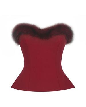 Miss Circle New York Ivette Crimson Fur-Trimmed Peplum Top - Red