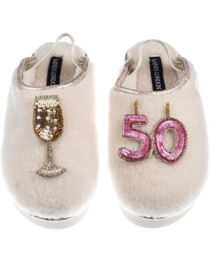 Laines London Neutrals Flatform Cloud Closed Toe Slippers With 50Th Birthday & Champagne Glass Brooches - Multicolour