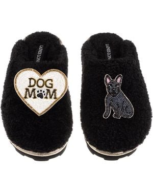 Laines London Teddy Closed Toe Slippers With Dog Mum/Mom & Sitting French Bulldog Brooch - Black