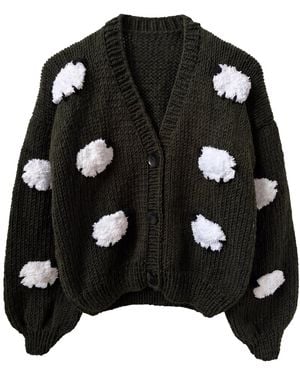 Ana Chic Sheep Motif Handmade Knitted Cardigan - Black