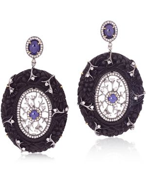 Artisan 18K & Carved Wood, Sapphire & Diamond Statement Earrings - Blue