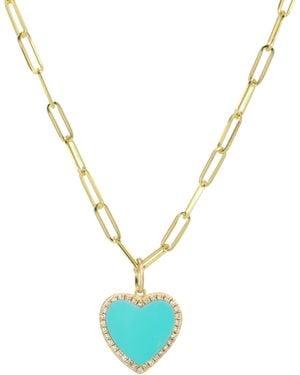 KAMARIA Heart Necklace With Diamonds On Paperclip Link Chain - Metallic