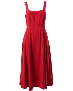 Louche Baya Linen Mix Square Neck Midi Dress - Red