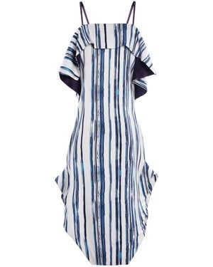 Smart and Joy Stripe Print Cold Shoulder Dress - Blue