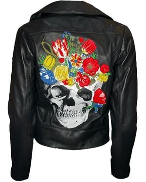 Any Old Iron Embroidered Flower Skull Leather Moto Jacket - Black