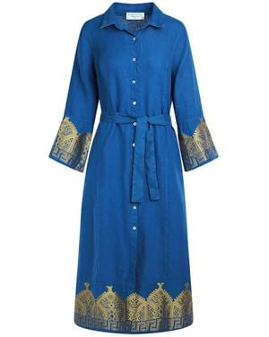 Haris Cotton Linen Maxi Shirt Dress With Embroidered Details Lapis - Blue