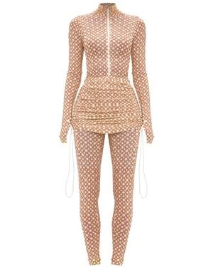 Monosuit Neutrals Set Long Sleeve Turtleneck Full Bodysuit & Teeny-Tiny Skirt - Natural