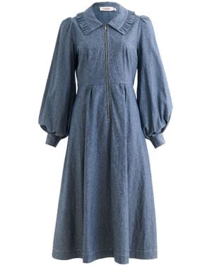 Louche Zoya Chambray Zip Front, Frill Collar Midi Dress - Blue