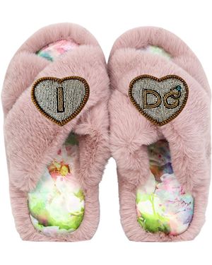 Yomisma Eco Faux Fur Slippers – Recycled Faux Fur + I Do Wedding Removable Hand Beaded Brooches + Custom Silk Insole - Pink