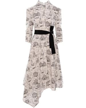 Larisa Dragna Kimono-Collar Dress Featuring Romania's Iconic Buildings - Grey