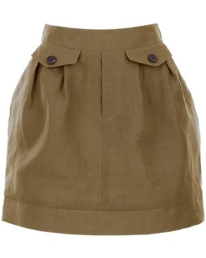 Jana Coshè Dark Mustard Linen Mini Skirt With Pleats And Pocket Flaps - Green