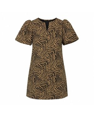 Girl In Mind Kiri Zebra Puff Sleeve Mini Dress Khaki - Green