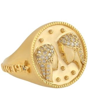 Artisan Yellow Gold Natural Diamond Gemini Horoscope Ring Handmade - Metallic