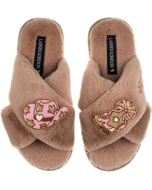 Laines London Neutrals Classic Laines Slippers With Cowgirl Hat & Cowgirl Boots Brooches - Brown