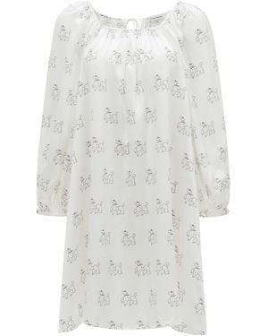NOT JUST PAJAMA Diamond Poodles Silk Puff Sleeve Dress - White