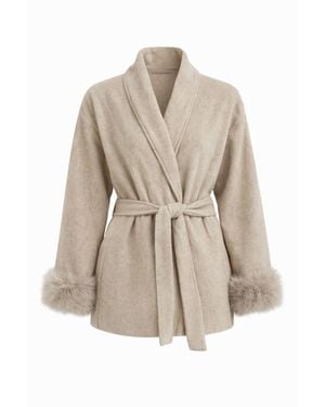 Curated Row Neutrals Minimal Belted Jacket With Faux Fur Cuffs - Natural