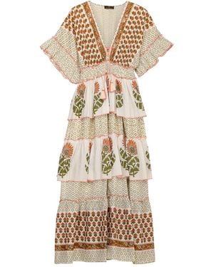 Tantra Spain Sl Printed Maxi V Neck Dress With Floral Flounces And Embellishments - Natural