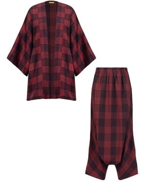 Emanmoon Burgundy Plaid Cardigan And Pants Set - Red