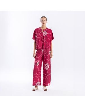 Haris Cotton Printed Satin Bolero Fuchsia Peonies - Red