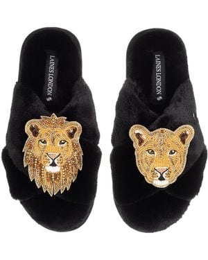 Laines London Classic Laines Slippers With Artisan Golden Lion & Lioness Brooches - Blue