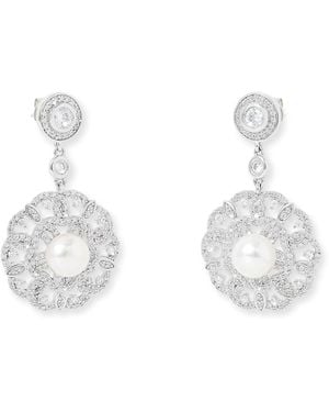 Pearls of the Orient Online Stella Vintage Style Pave Floral Earrings With Cultured Freshwater Pearls - White