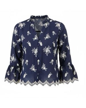 Yumi' Broderie Shirt With Fluted Sleeves - Blue