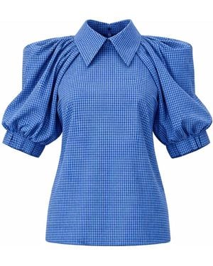 Julia Allert Designer Plaid Puff Sleeve Blouse – - Blue