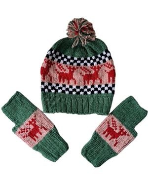 Springmoonatelier Handmade New Year Wool Hat And Glove Set - Green