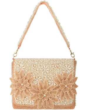 Pode Eleanor Pearl & Champagne Beaded Floral Clutch - Natural